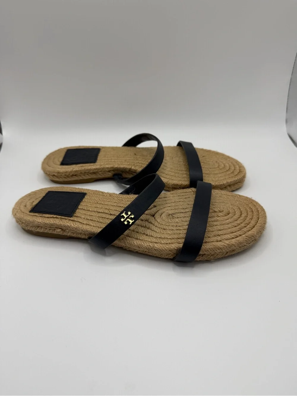 Tory Burch Black Leather Double-Strap Espadrille Slide Sandals